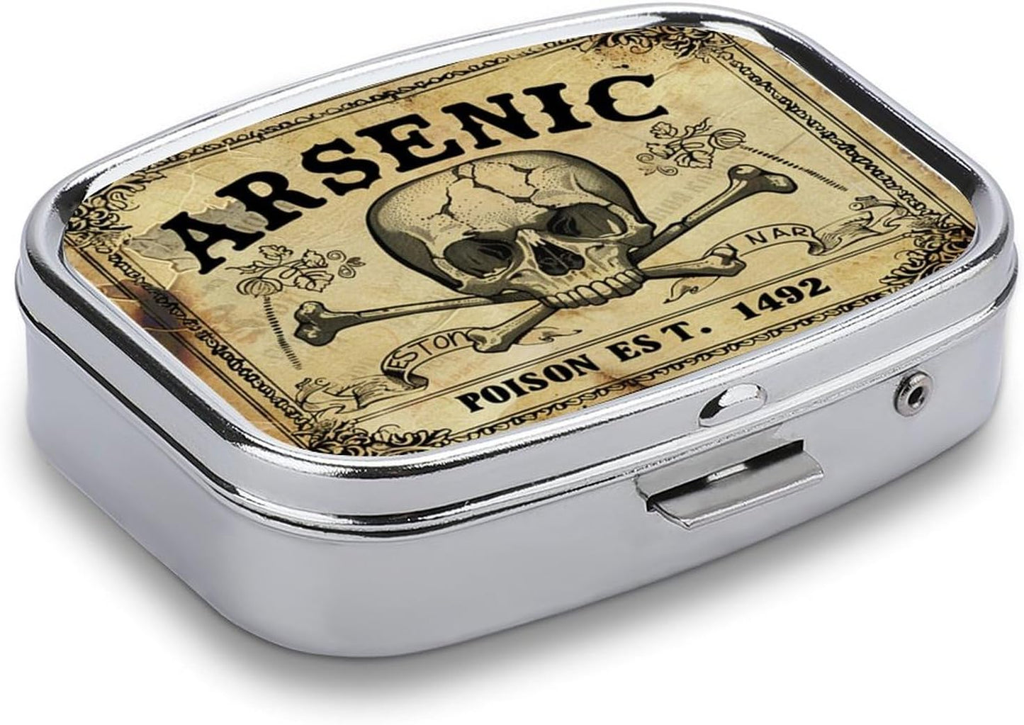 Metal 2 Compartment Pill Organizer Travel Friendly Portable Compact Pill Box Cute Pill Case to Hold Vitamins,Fish Oil,Supplements,Meds,Tablet for Purse,Pocket. (Vintage Skeleton)