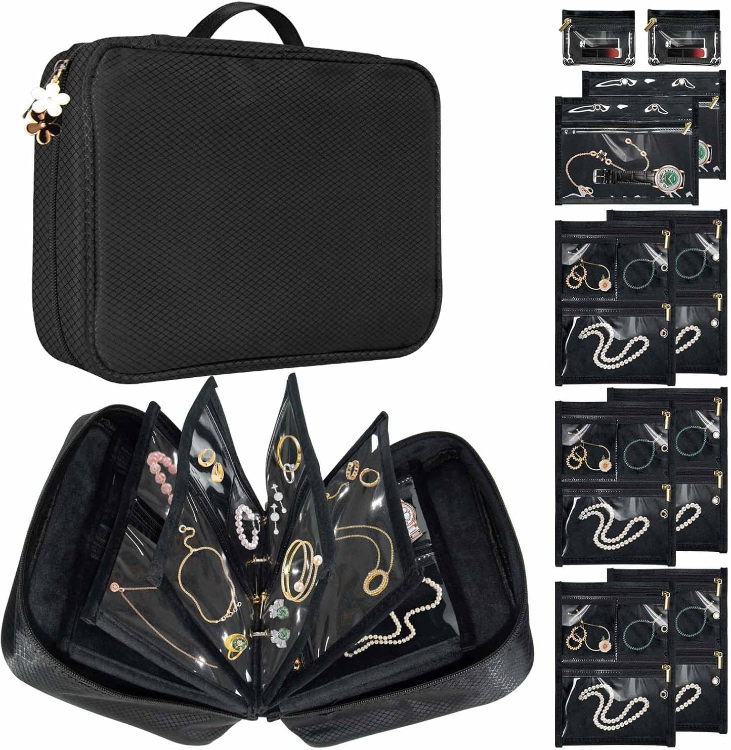 Travel Jewelry Organizer Case, Jewelry Storage Bag with Zipper Velvet Pockets, Portable Jewelry Case for Necklaces, Rings, Earrings, Bracelets