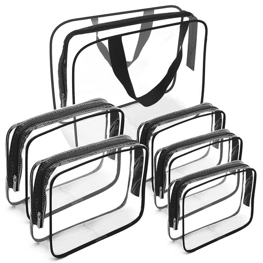 APREUTY Clear Makeup Bags, TSA Approved 6 Pcs Cosmetic Makeup Bags Set Clear PVC with Zipper Handle Portable Travel Luggage Pouch Airport Airline Vacation Organization (Black)