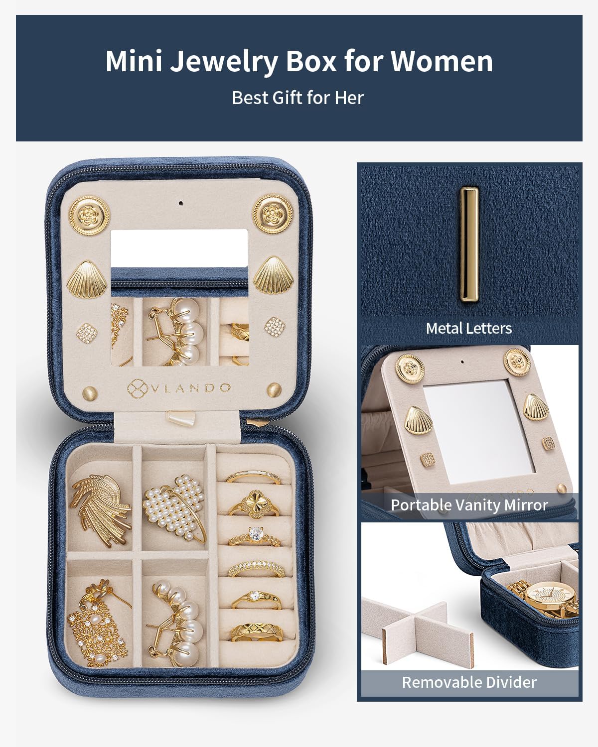 Vlando Valentines Day Gifts for Her, Travel Jewelry Organizer, Necklace Ring Organizer, Jewelry Travel Essentials Travel Gifts for Girlfriend Wife - Letter I, Dark Blue