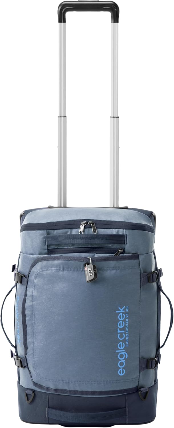 Eagle Creek Cargo Hauler XT Wheeled Duffel - Wheeled Backpack Duffel - Deployable Backpack Straps - Lockable U-Lid & Easy Access Compartment - Glacier Blue