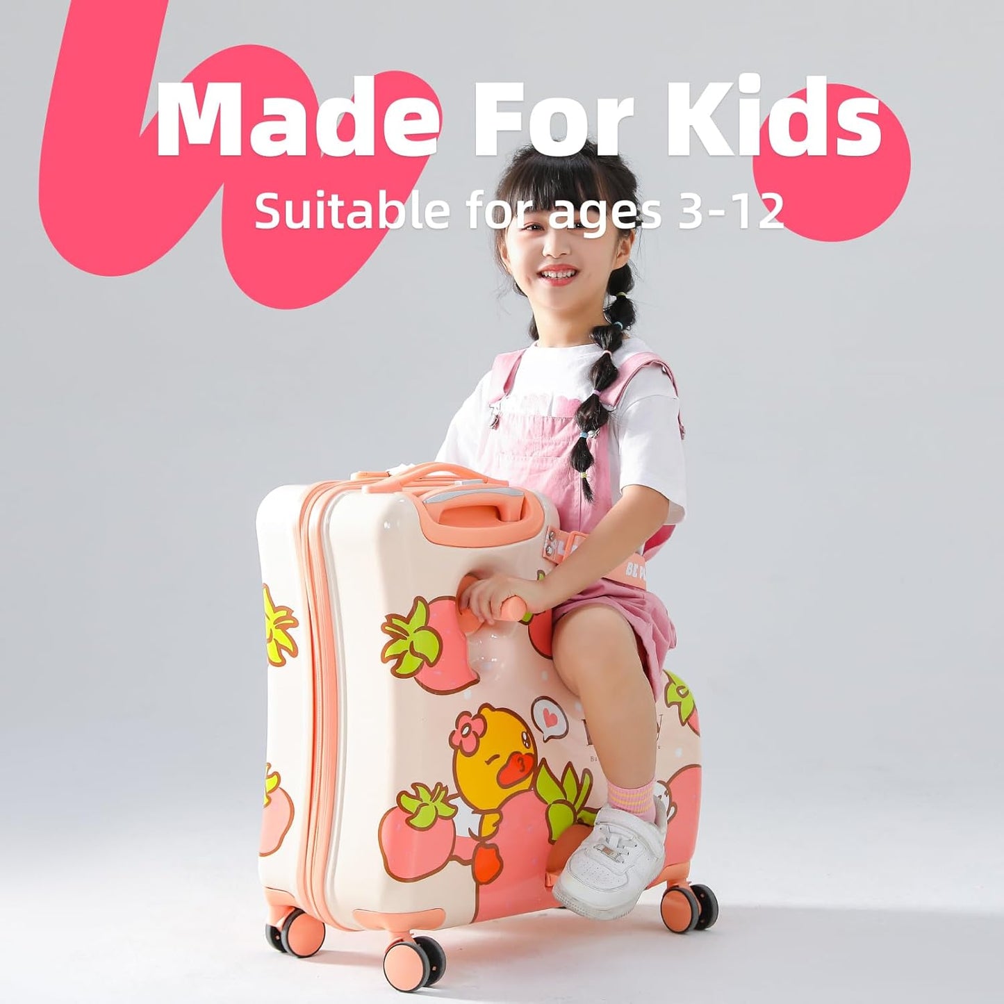 Kids' Lightweight Ride on Luggage with Spinner Wheels & Foldabe Design (Pink Strawberry, 20"+ Aged 1-3 Toddler)