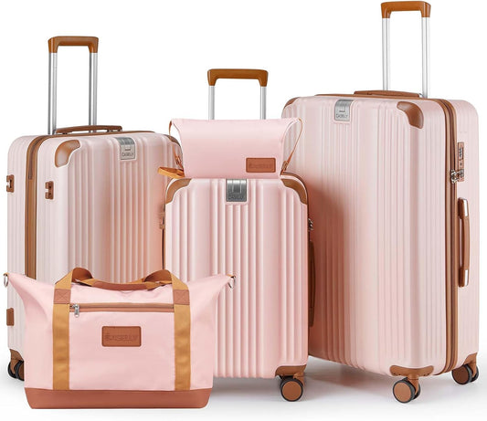 Luggage Set 3 Piece Luggage with PC+ABS Hardshell TSA Lock Spinner Wheels Carry on Lightweight Suitcase,Cup Holder,YKK Zippers (Pink, 5 piece sets(20/24/28/DB/TB))