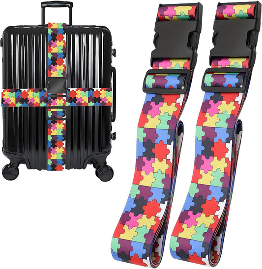Puzzle Luggage Straps for Suitcases, Adjustable Luggage Travel Belts to Keep Luggage Security While Travel, Strong Polyester Fabric, Easy-to-Recognize Stylish Design Travel Accessories, 2 Pack