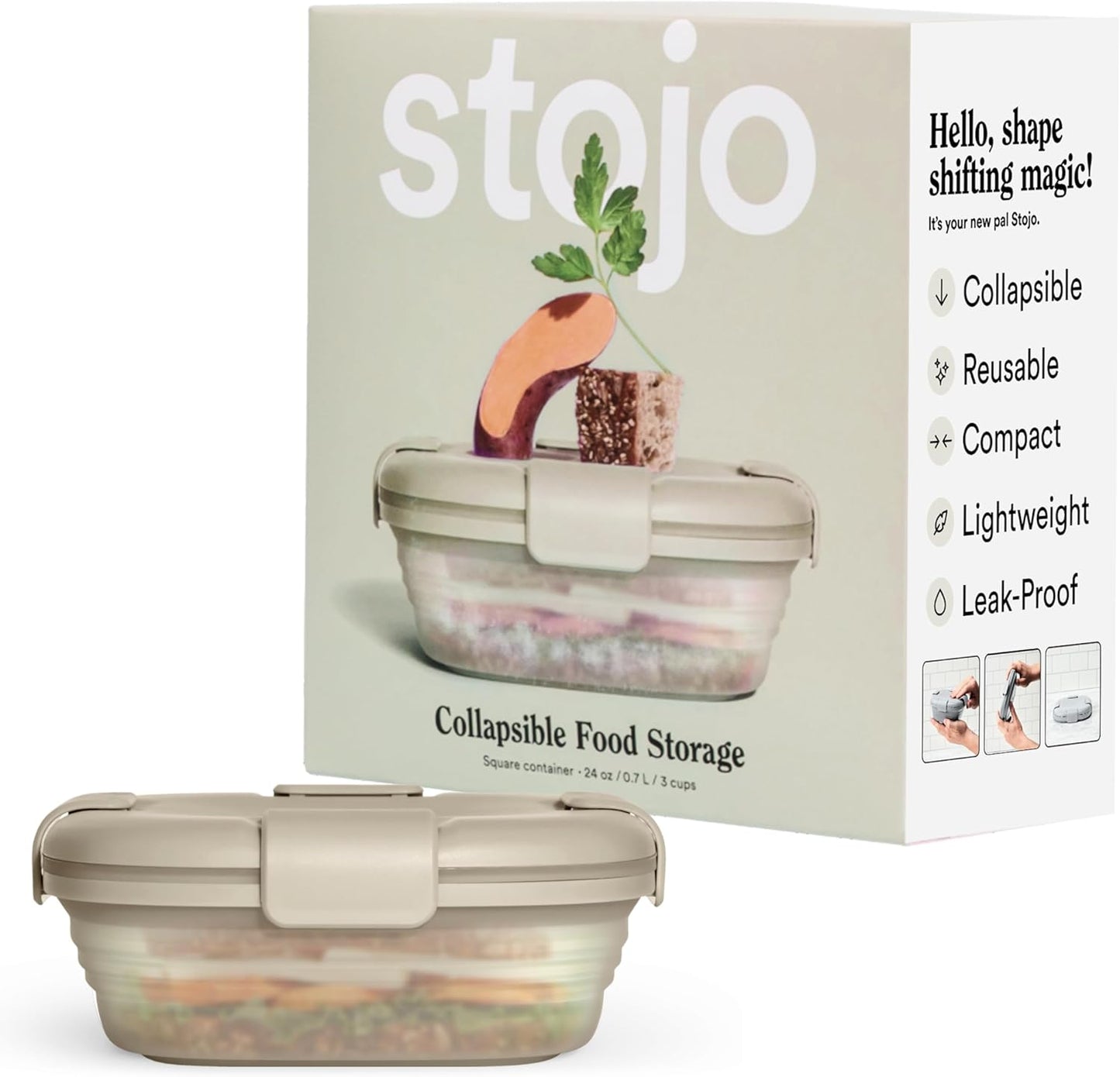 STOJO Collapsible Sandwich Box – 24oz, Reusable Food Storage Container, Silicone Bowl for Hot/Cold Food – Meal Prep, Lunch, Camping, Hiking – Dishwasher Safe (Set of 1, Translucent Oat)