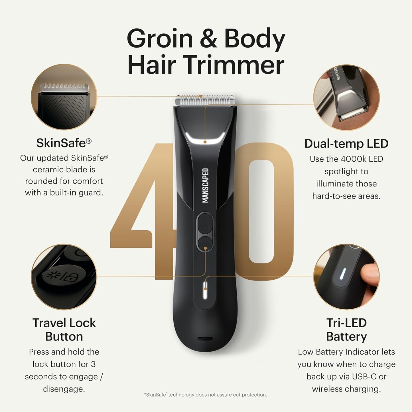 MANSCAPED® The Lawn Mower® 4.0 PRO - Groin & Body Hair Trimmer, Updated SkinSafe® Trimmer Blade, Waterproof Wet/Dry Groomer, USB-C & Wireless Charging Compatible, Men’s Ball Shaver with Travel Lock