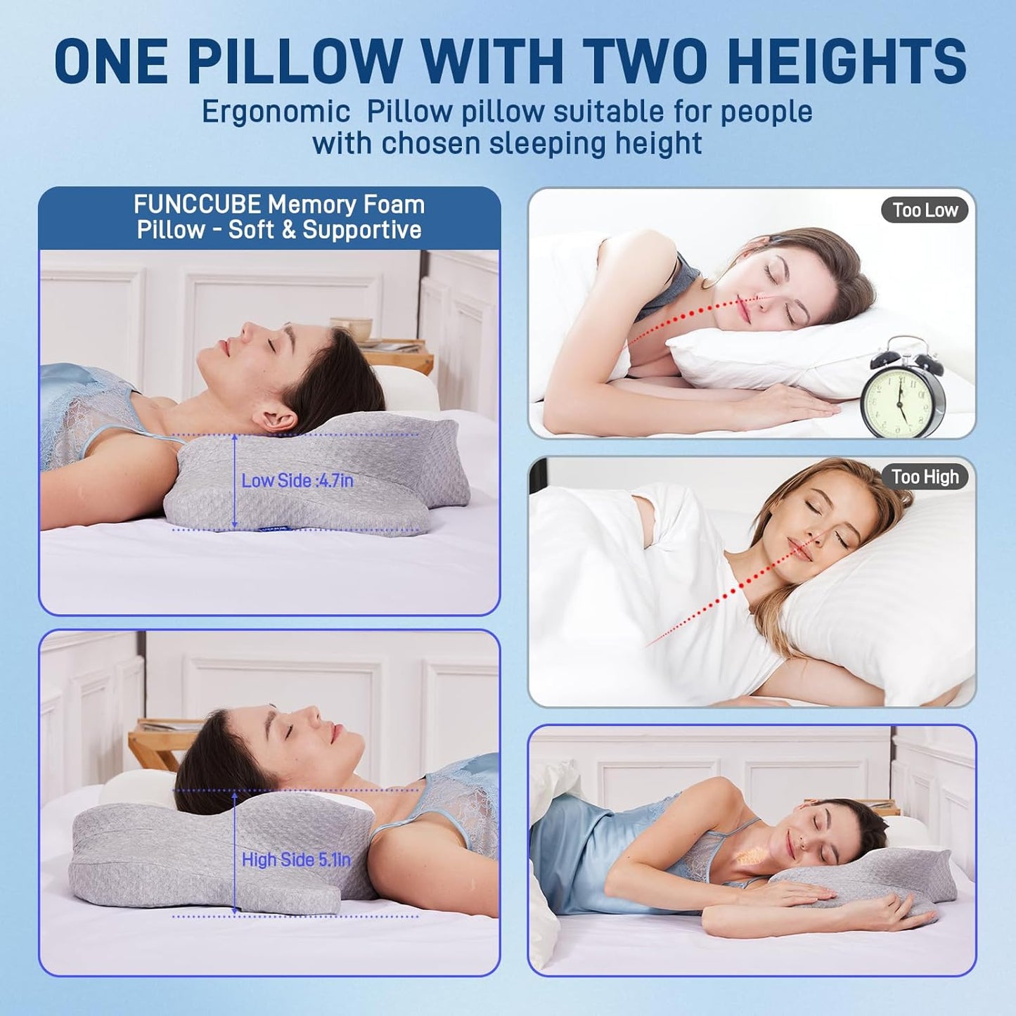 Cervical Neck Pillow for Neck Pain Relief - Ergonomic Memory Foam Pillow for Sleeping, Side, Back & Stomach Sleepers, Orthopedic Contour Pillow with Breathable Cover (Grey White)