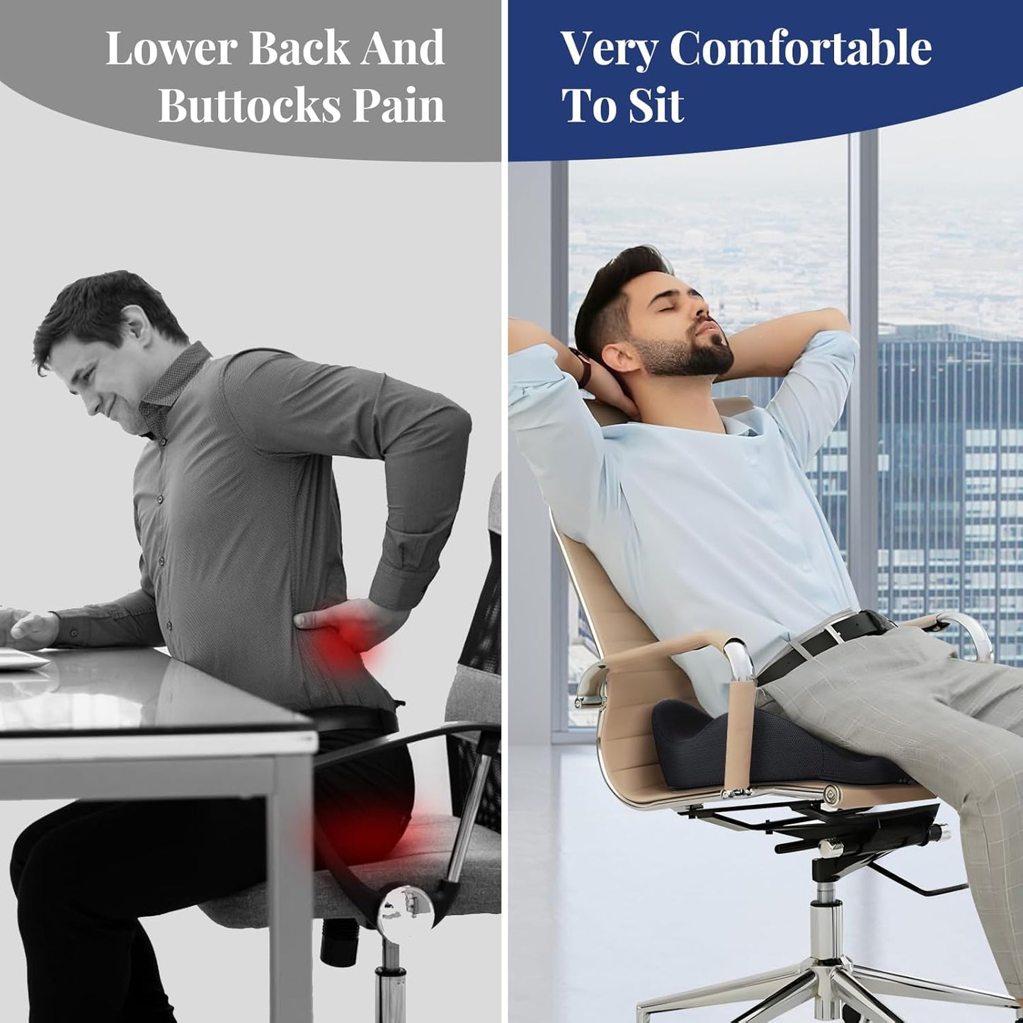 Benazcap Wheelchair Cushions Seat Cushion for Tailbone Pain Relief/Hemorrhoid - Hip Shaped Memory Foam Office Chair Cushions to Unleash Supreme Comfort in Office, Home, and Car Seating-Black