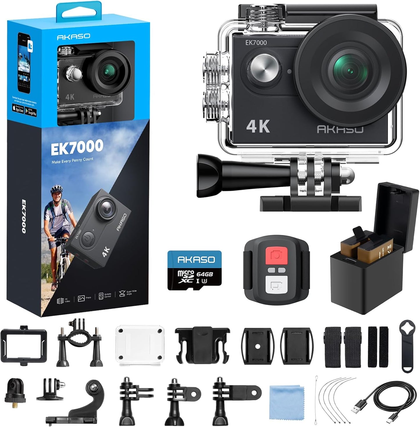 AKASO EK7000 4K30fps Action Camera with 64GB MicroSDXC U3 Memory Card Accessories Kit Bundle Ultra HD 131FT Waterproof Underwater Camera EIS WiFi Remote Control 4X Zoom, Black