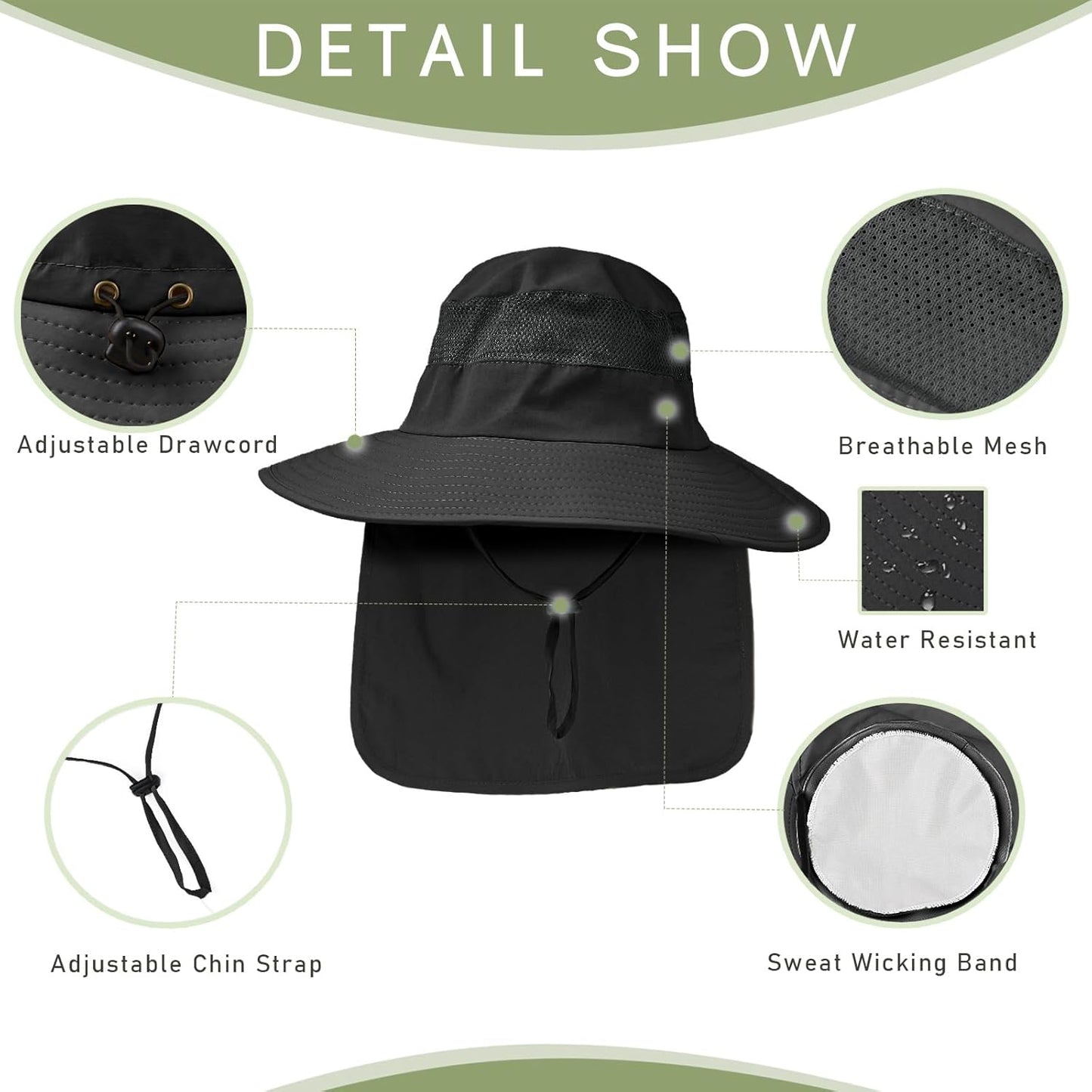 Fishing Hat Breathable Wide Brim Sun Hats with Neck Flap Bucket Hat Outdoor Safari Hat for Men Women UPF 50+ Sun Protection
