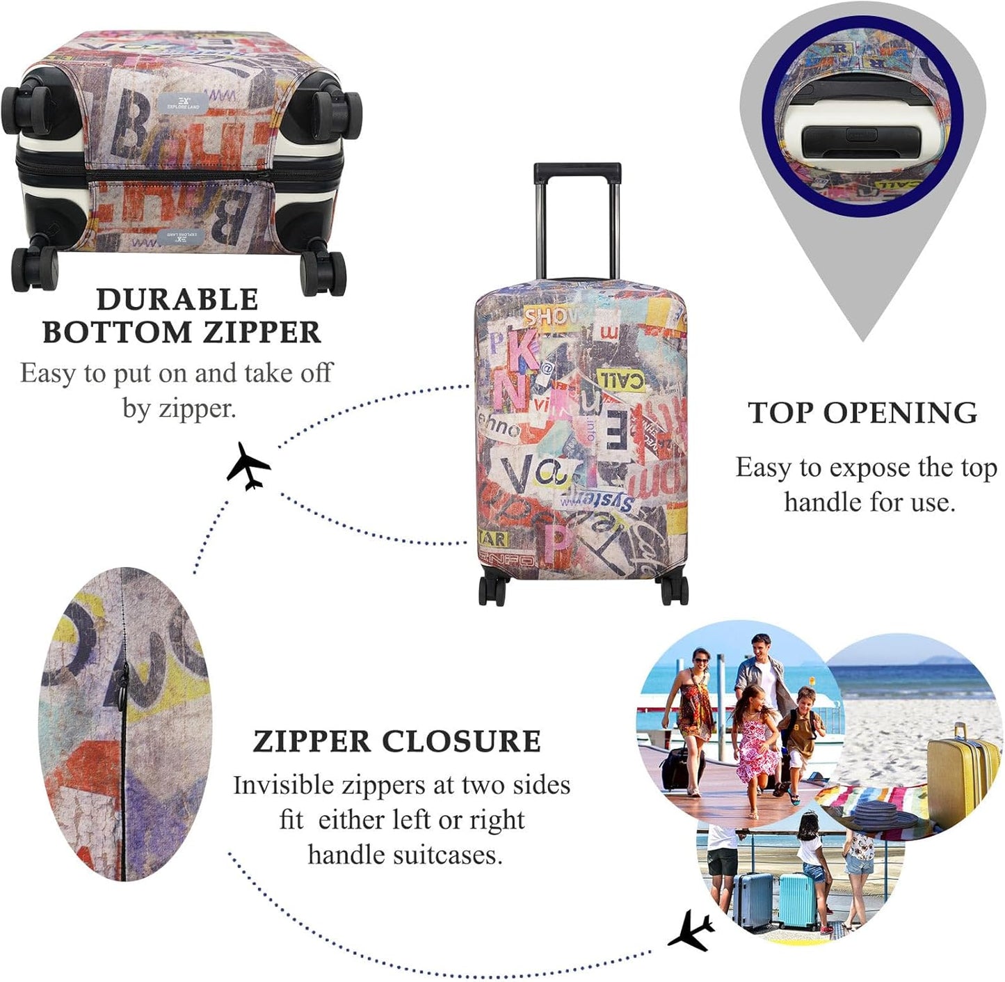 Explore Land Travel Luggage Cover Suitcase Protector Fits 31-32 Inch Case (Retro Pictorial, XL)