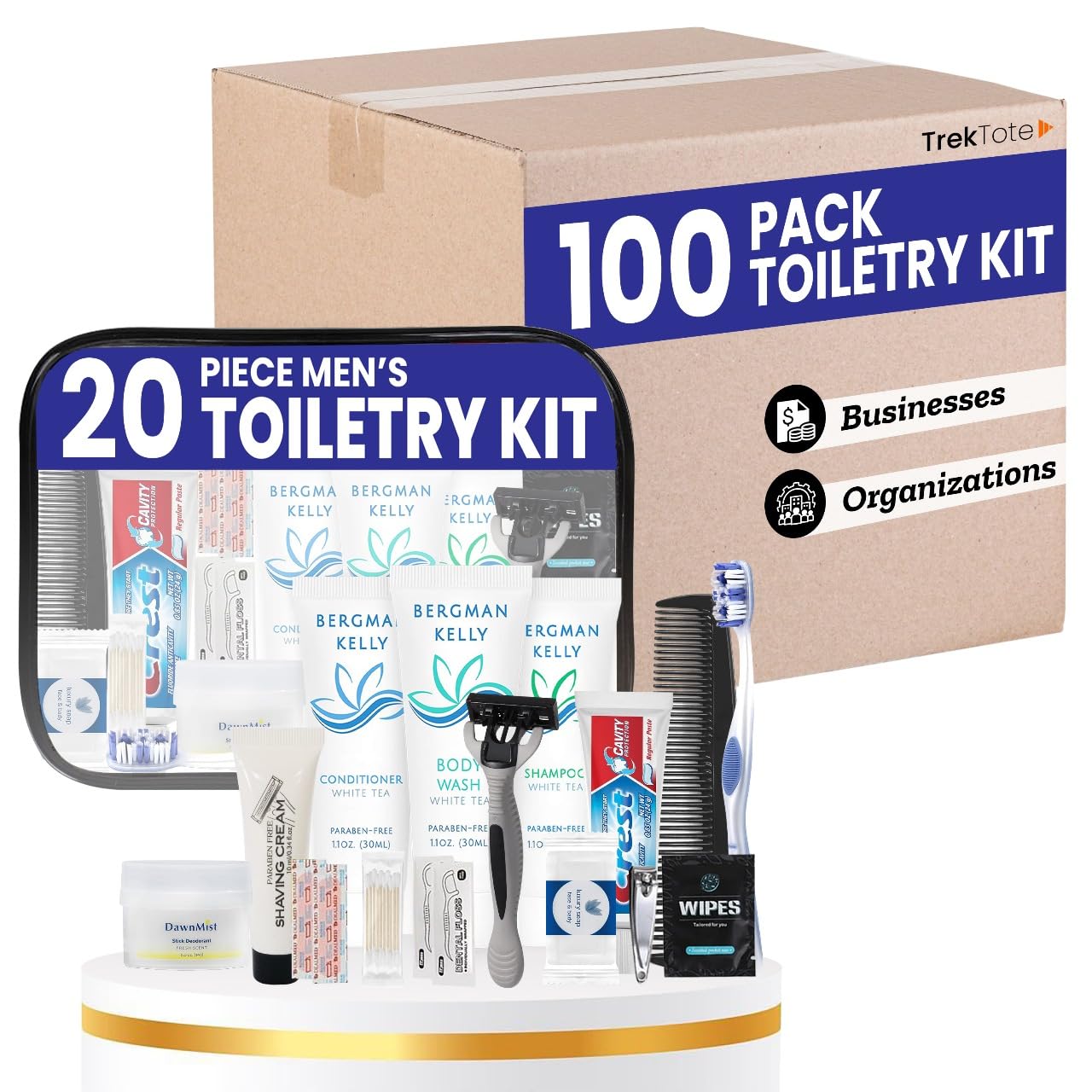Trektote Bulk Hygiene Kit For Men And Women – (100 Pack) 20 Piece Set Of Travel Size Toiletries, TSA Compliant, Bulk Travel Essentials, Includes Shampoo And Conditioner, Body Wash, Toiletry Bag & More