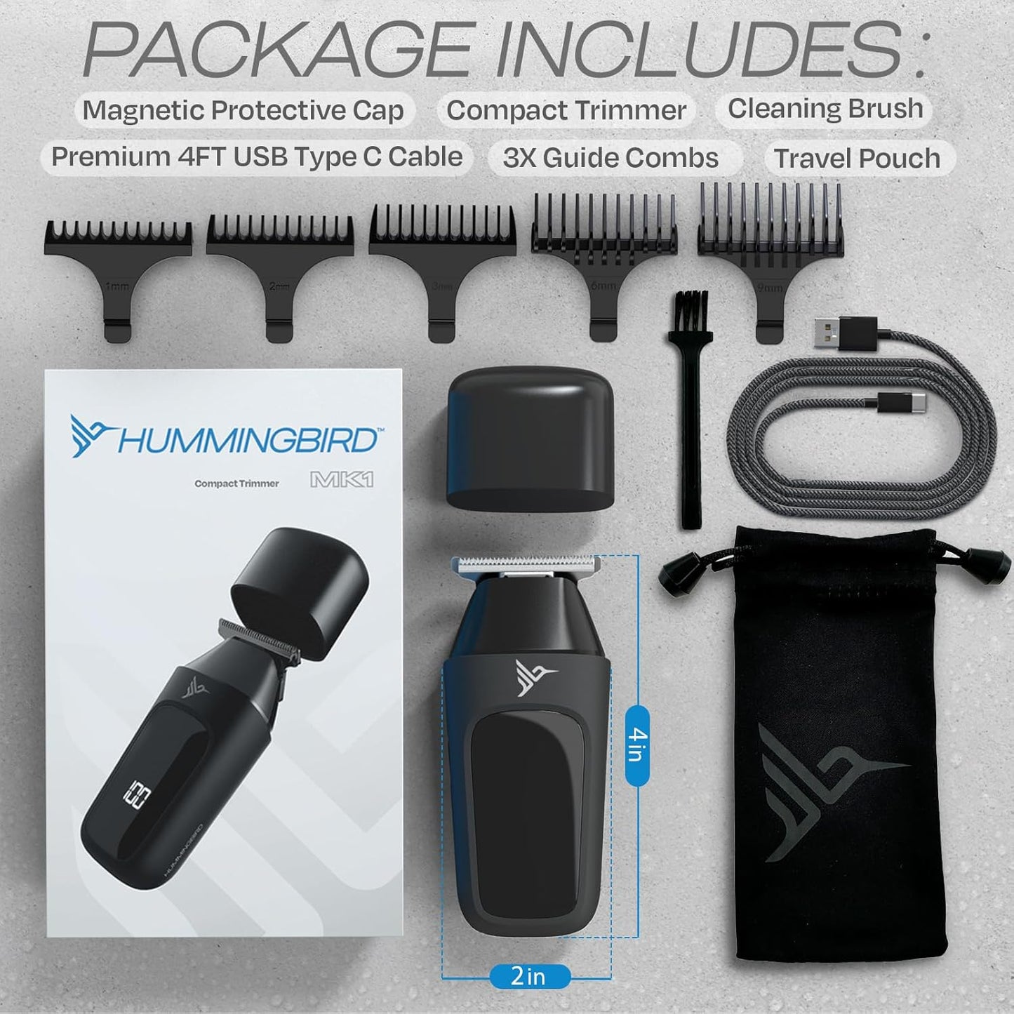 HUMMINGBIRD™ MK1 Compact Trimmer – Portable Electric Beard & Body Hair Trimmer for Men, Cordless USB-C Rechargeable, Face & Body Groomer, Travel Shaver, Travel Pouch, Great Gifts for Men, Dad, Husband