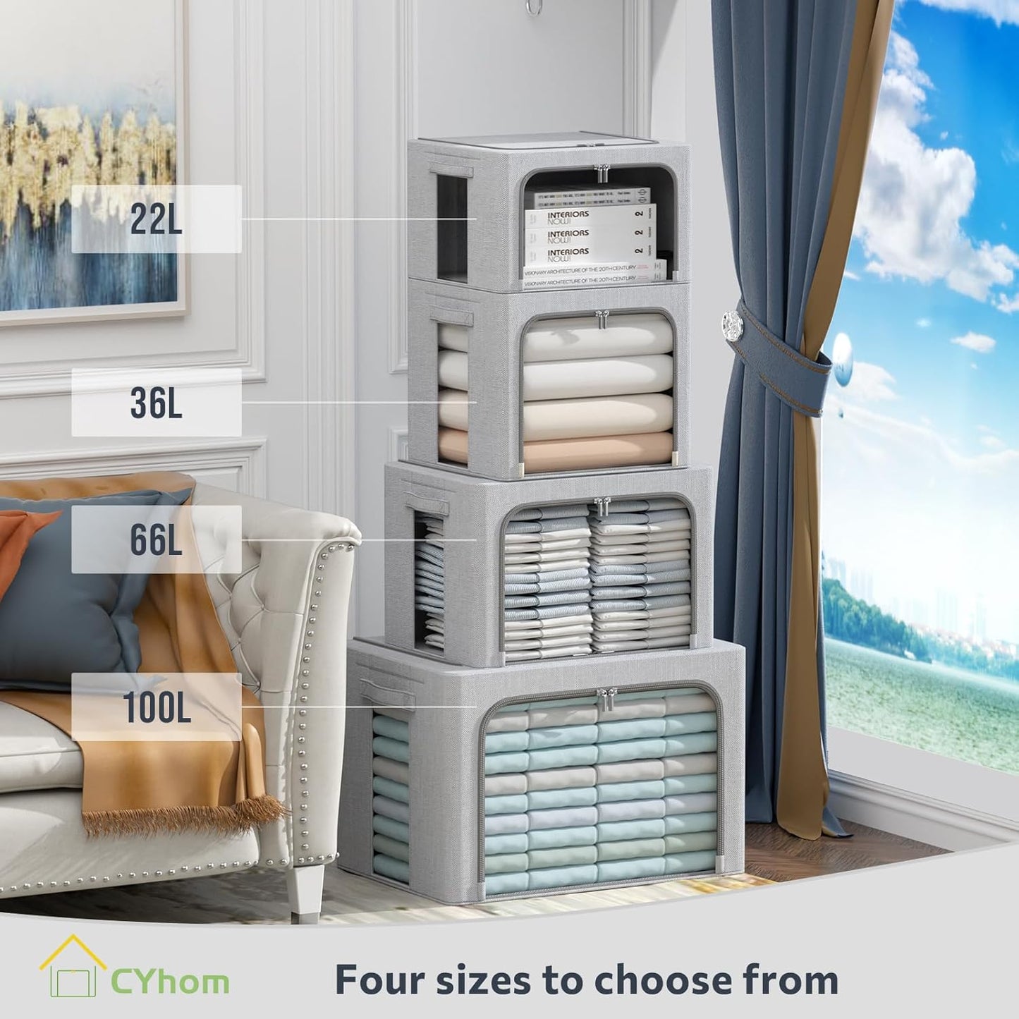 4 Pack Clothes Storage Bins with Metal Frame - Linen Fabric Foldable Stackable Container Organizer Set with Clear Window & Carry Handles & Zippers (Light Grey, 19.7"x15.7"x13")