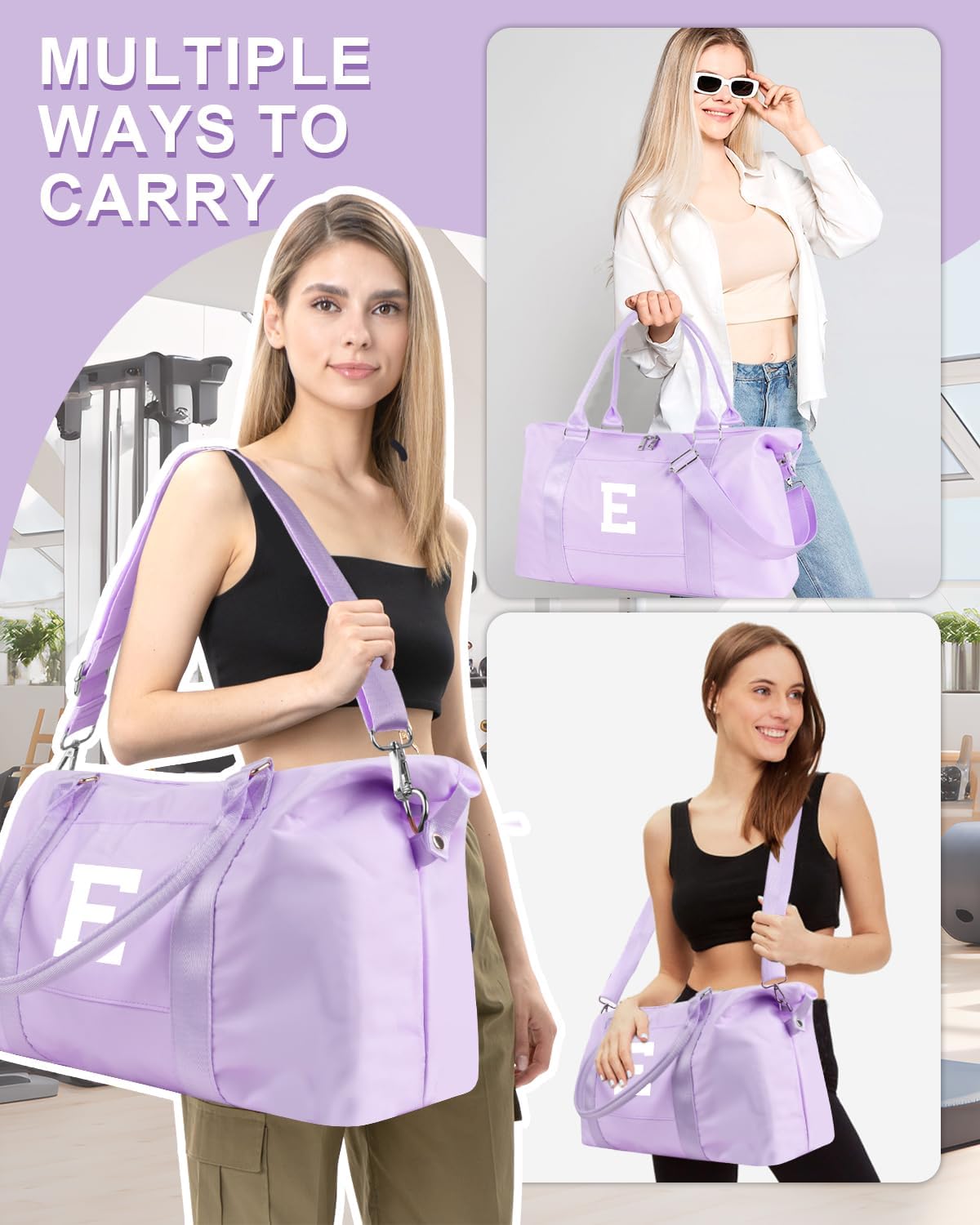 Daughter Niece Gifts for Teen Girl Kids, Initial Travel Duffel Bag Sports Gym Bag Personalized Gifts Weekender Bag，Monogram Overnight Bag Cute Dance Bag Birthday Bridesmaid Gifts for Women(Purple, E)