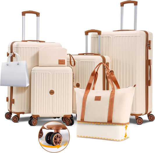 Hoteel 6 Piece Luggage Set with Spinner Wheels (4-YEAR WARRANTY), Carry on Luggage for Travel with TSA Lock, ABS+PC Hardshell Suitcase Set, 16"/20"/24"/28"+Duffel Bag+Cosmetic Bag(Beige)