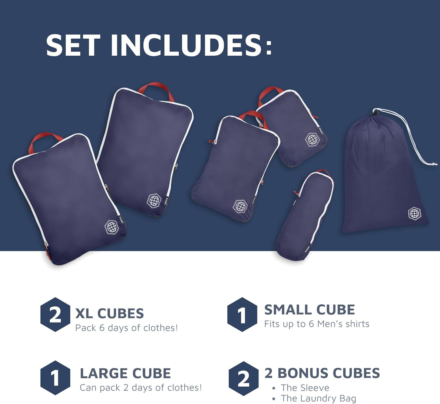 Extra Large Compression Packing Cube 6 Piece Set for Travel and Check Luggage by TRIPPED Travel Gear