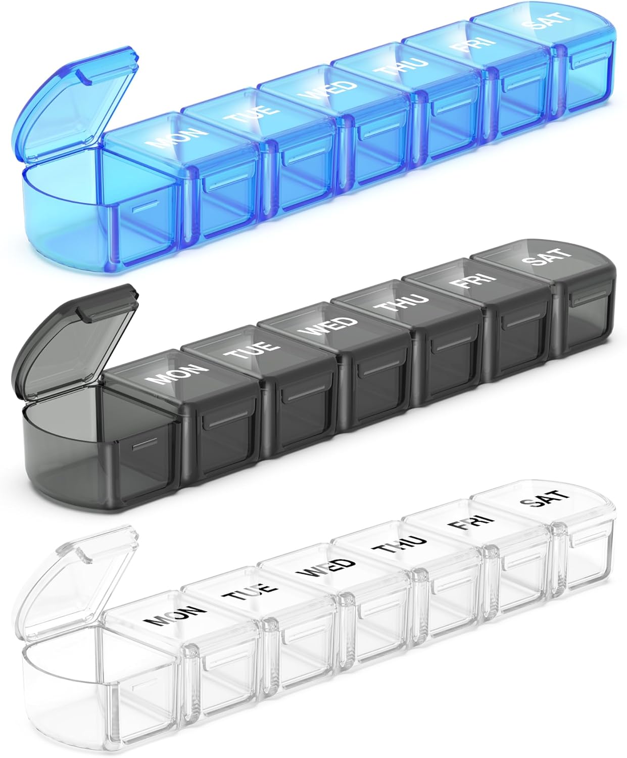 Extra Large Pill Organizer 3 Pack, XL Pill Box 7 Day, Weekly Pill Case with Large Capacity, Jumbo Organizer, BPA Free (Black+White+Blue)