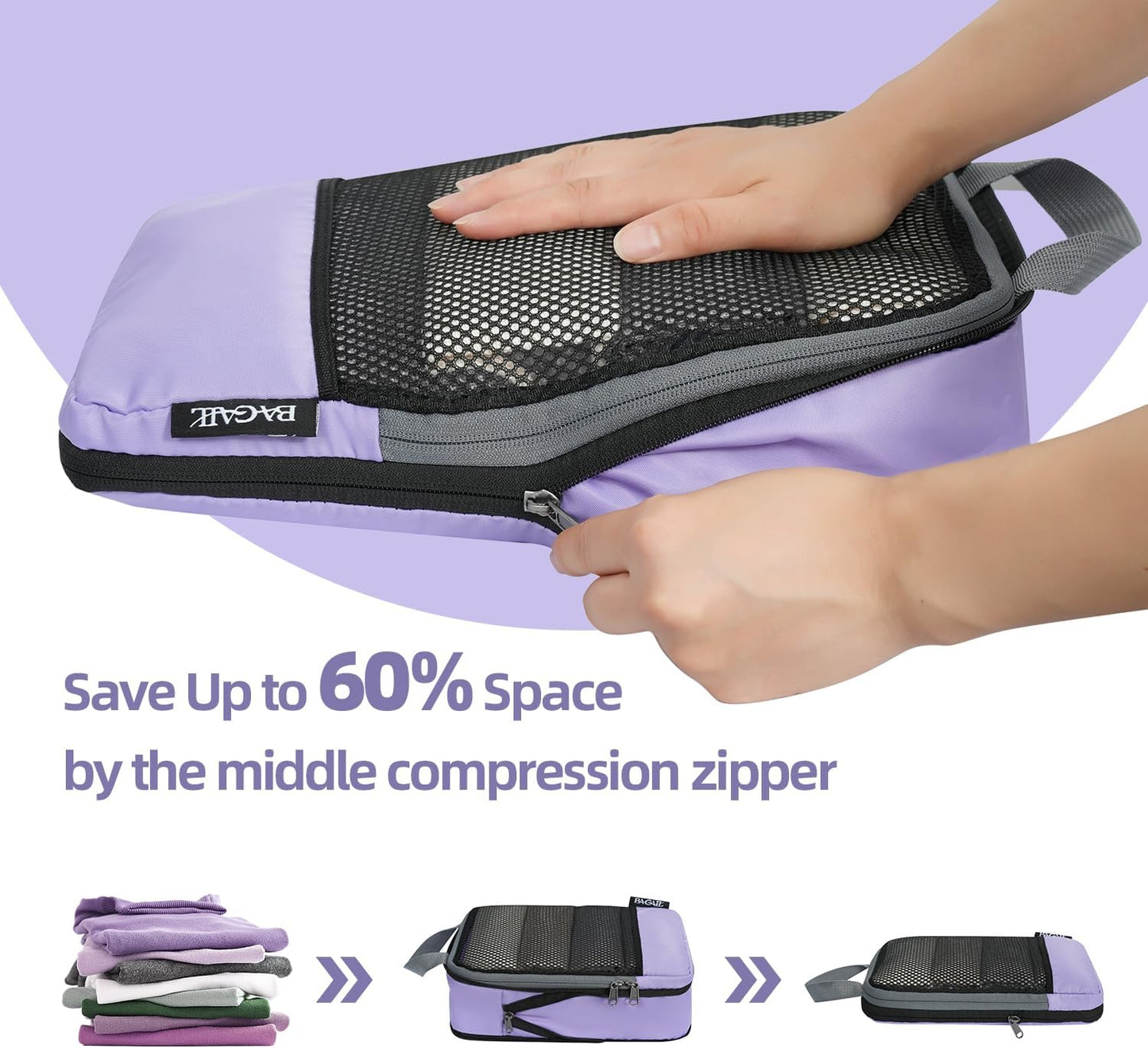 BAGAIL 4 Set/6 Set/8 Set Compression Packing Cubes Travel Accessories Expandable Packing Organizers (Half Mesh, 6-Lavender)