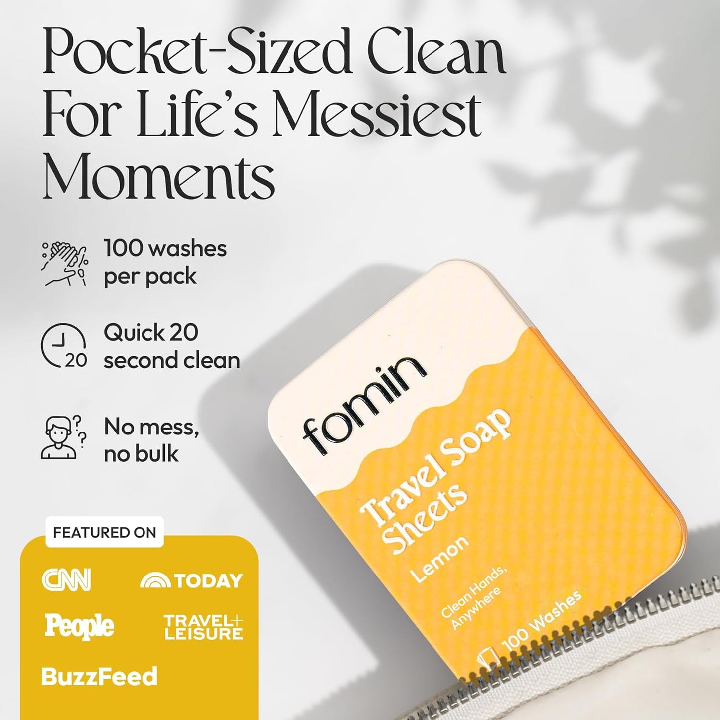 FOMIN - Antibacterial Paper Soap Sheets Tin for Traveling - (100 Sheets) Lemon Portable Travel Hand Soap Sheet, Dissolvable Mini Camping Hand Soap for Hand Washing