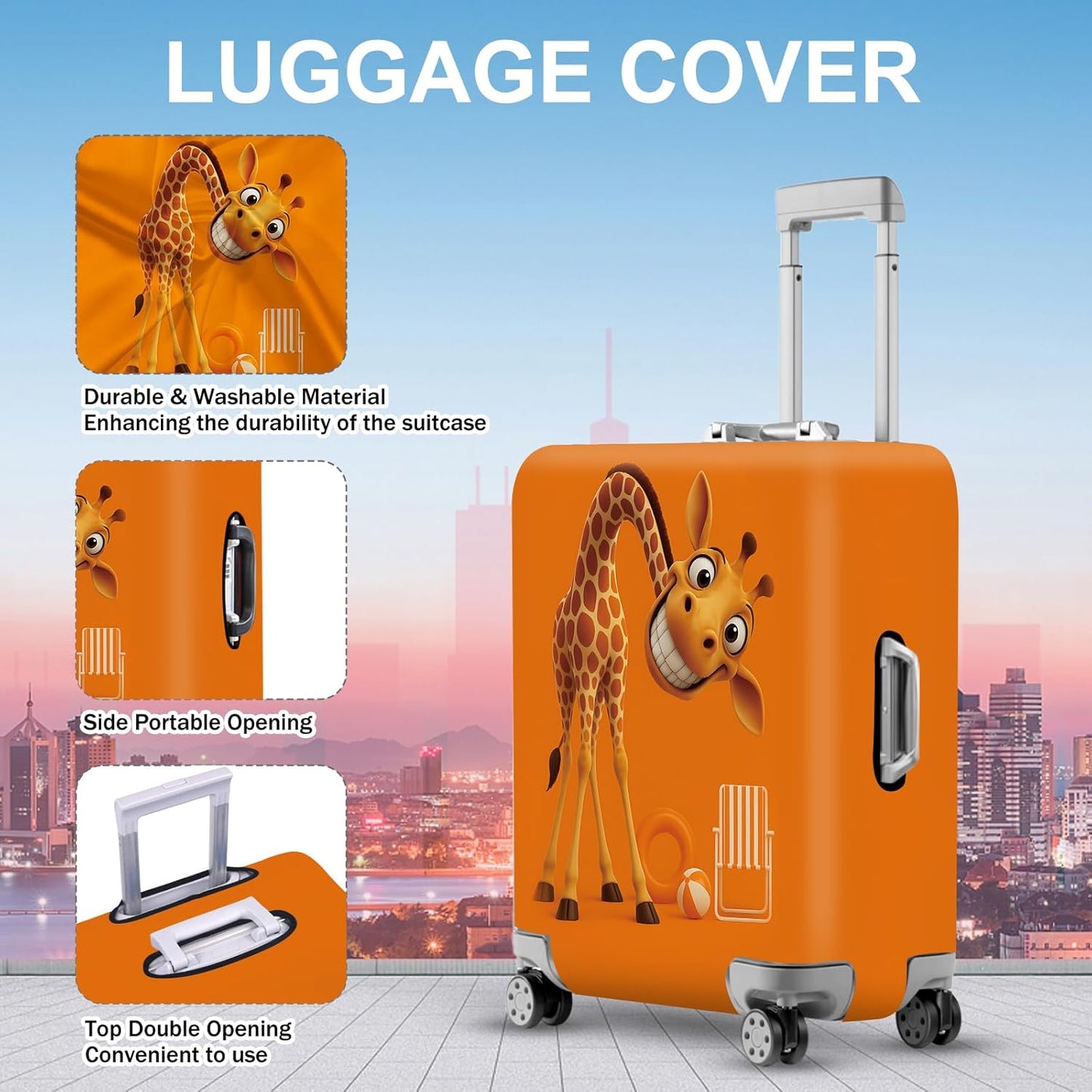ANNA QUEEN Giraffe Fun Luggage Cover, Playful Giraffe Design with Beach Ball and Chair, Stretchable, Washable Travel Sleeve for 24-26 Inch Luggage