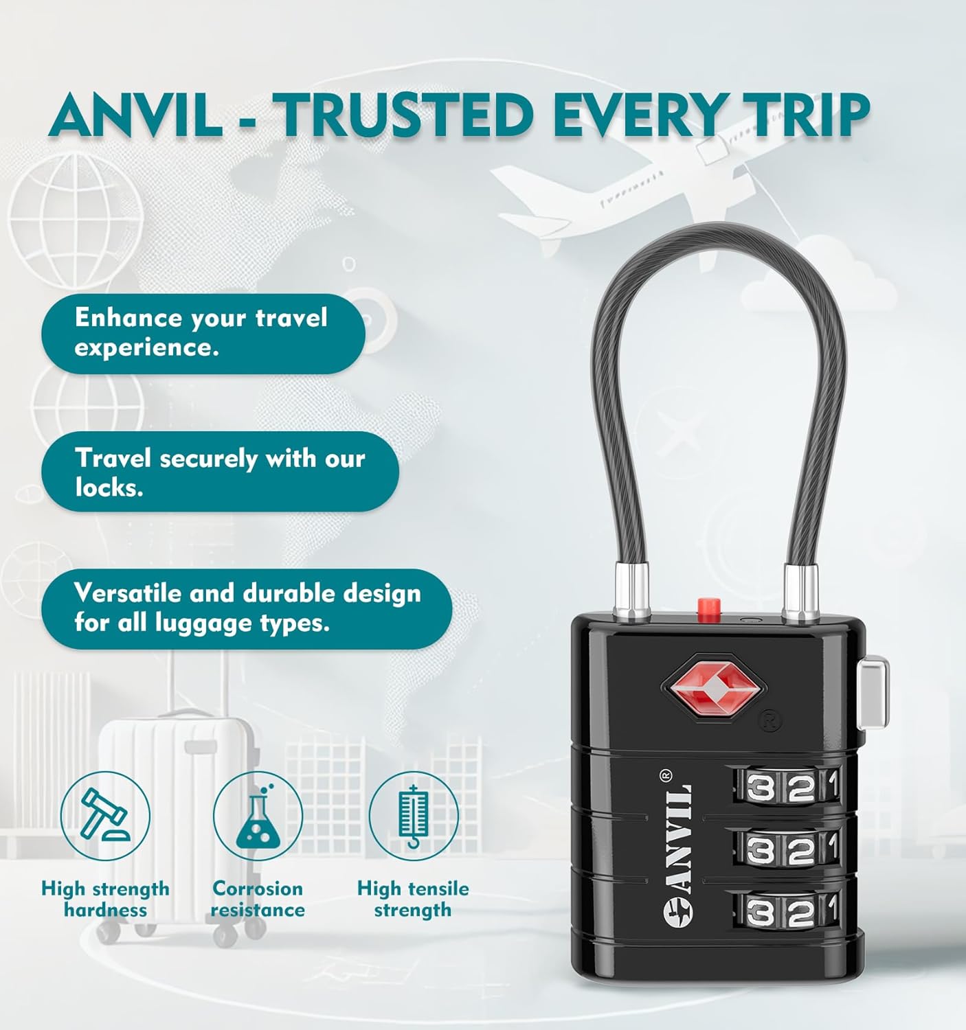 ANVIL TSA Approved Luggage Locks – High Security TSA008 Combination Travel Locks with Inspection Indicator for Suitcases and Backpacks. (8, Black)