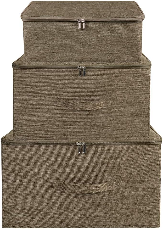 ANMINY 2PCS Storage Bins with Zipper Lids 36 Qt Lidded Fabric Storage Boxes Baskets Cubes with Handles Collapsible Washable Cotton Linen Closet Shelf Clothes Organizer Containers - Coffee, Large
