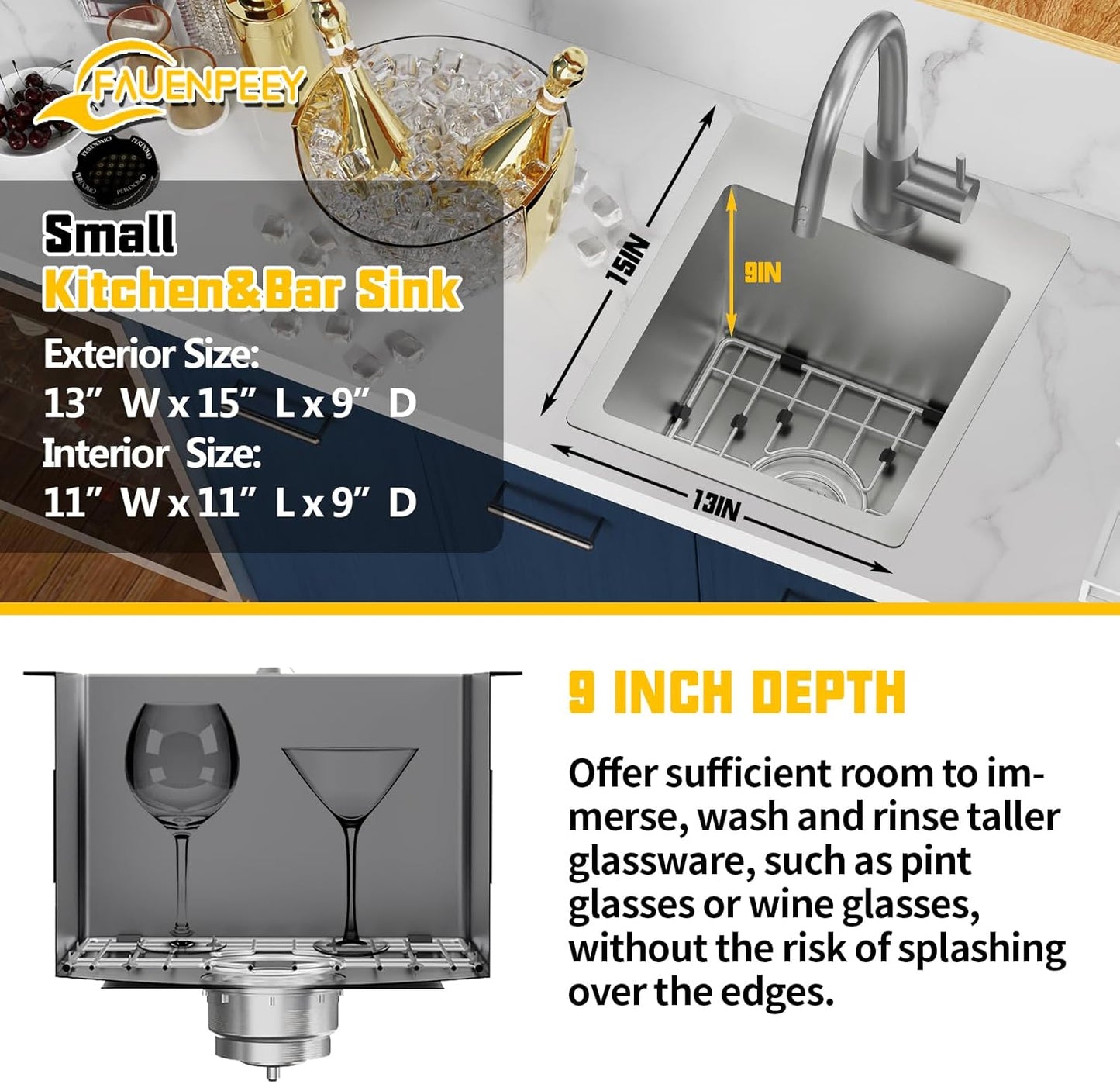 Small Kitchen Sink,13x15 Inch Bar Sink Stainless Steel Drop In Small Kitchen Sink Ideal Choice For Small Space Nice As Toprmount Prep Sink,RV Kitchen Sink With Bottom Grid,Soap Mat And Drain Assembly