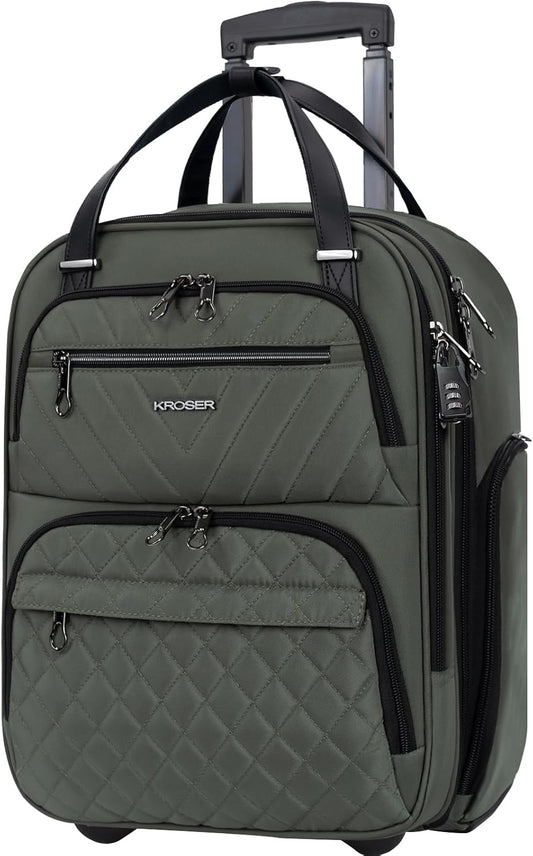KROSER Carry On Underseat Multi-functional, 16-inch Underseater Lightweight Overnight Suitcase for Women, Army Green