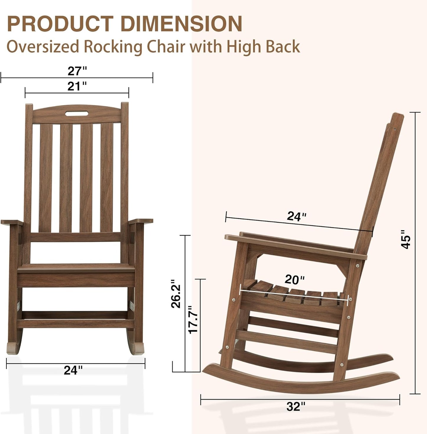 Psilvam Outdoor Rocking Chair Set of 2, Poly Lumber Oversized Rocking Chair with 21" Wide Seat and 32" Tall Backrest, Pre-Assembled with Most Components for Effortless Installation(Bright Brown)