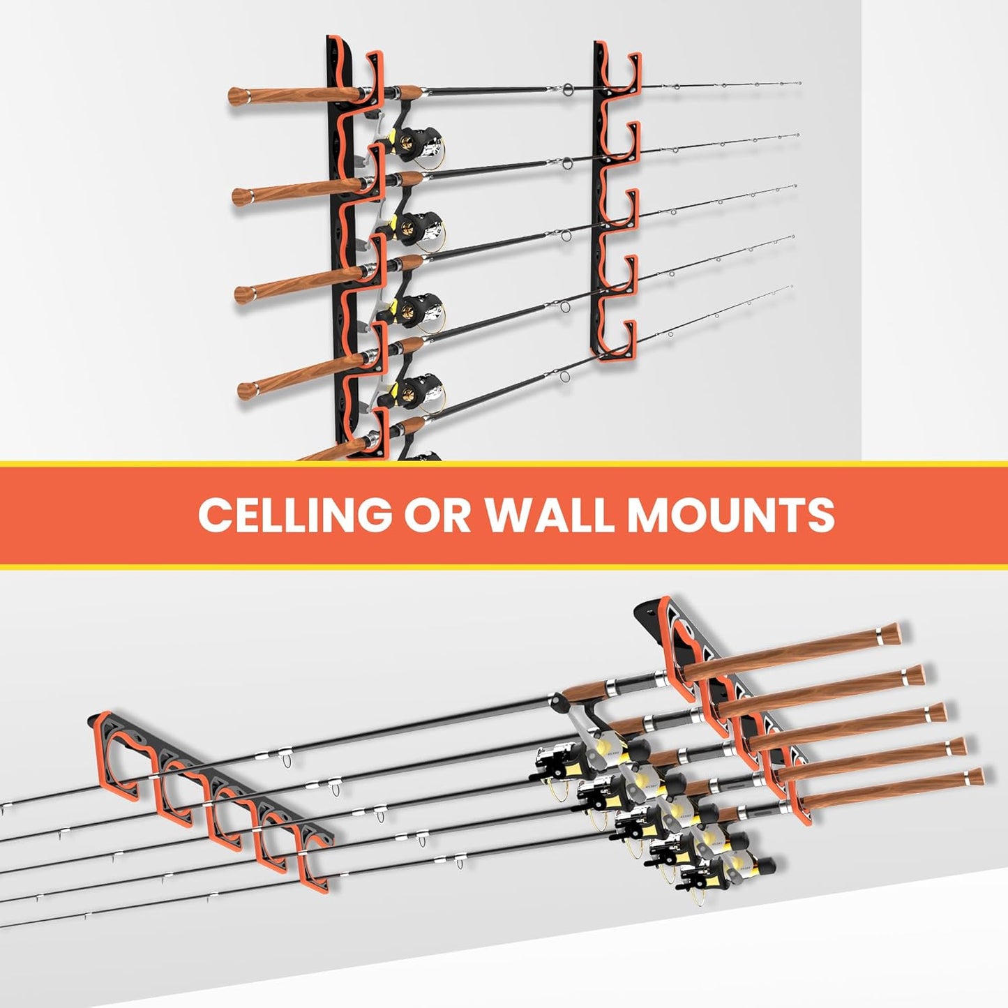 Fishing Rod Holder for Garage, H5 Wall or Ceiling Mounted Fishing Pole Holders with Soft Protective Pad, Fishing Rod Storage Organizer, Horizontal Fishing Rod Wall Mount Nets Storage (2 PACK)
