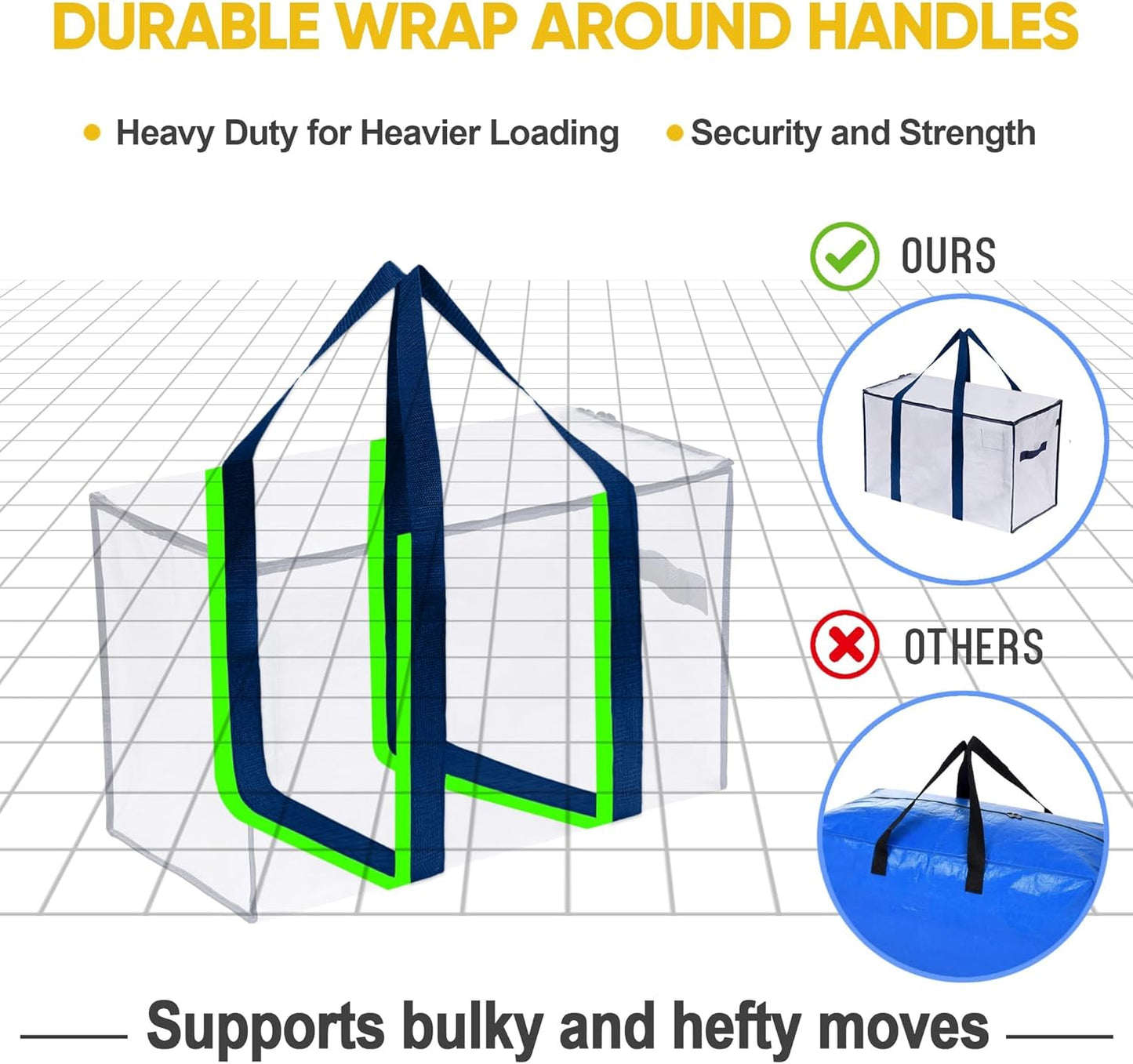 VENO 4 Pack Moving Bags, Heavy Duty, Moving Boxes Alternative, Packing Storage Supplies for Dorm Room Essentials with Zipper for Clothes, Extra Large Totes for Packaging (Clear, 4 Pack)