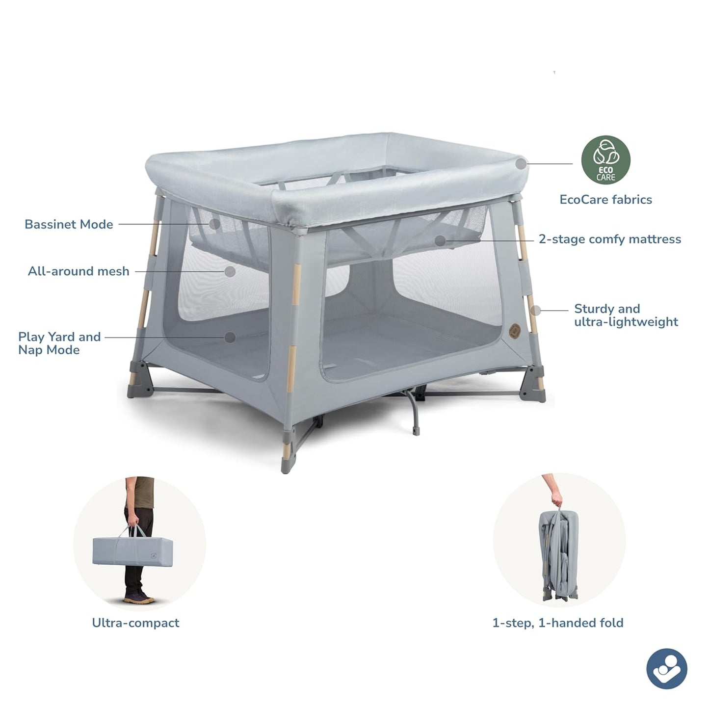 Maxi-Cosi Swift Baby Playard with Mat, Baby Playpen, Play Yard with Bassinet, Portable Playpen for Babies and Toddlers, Classic Slate
