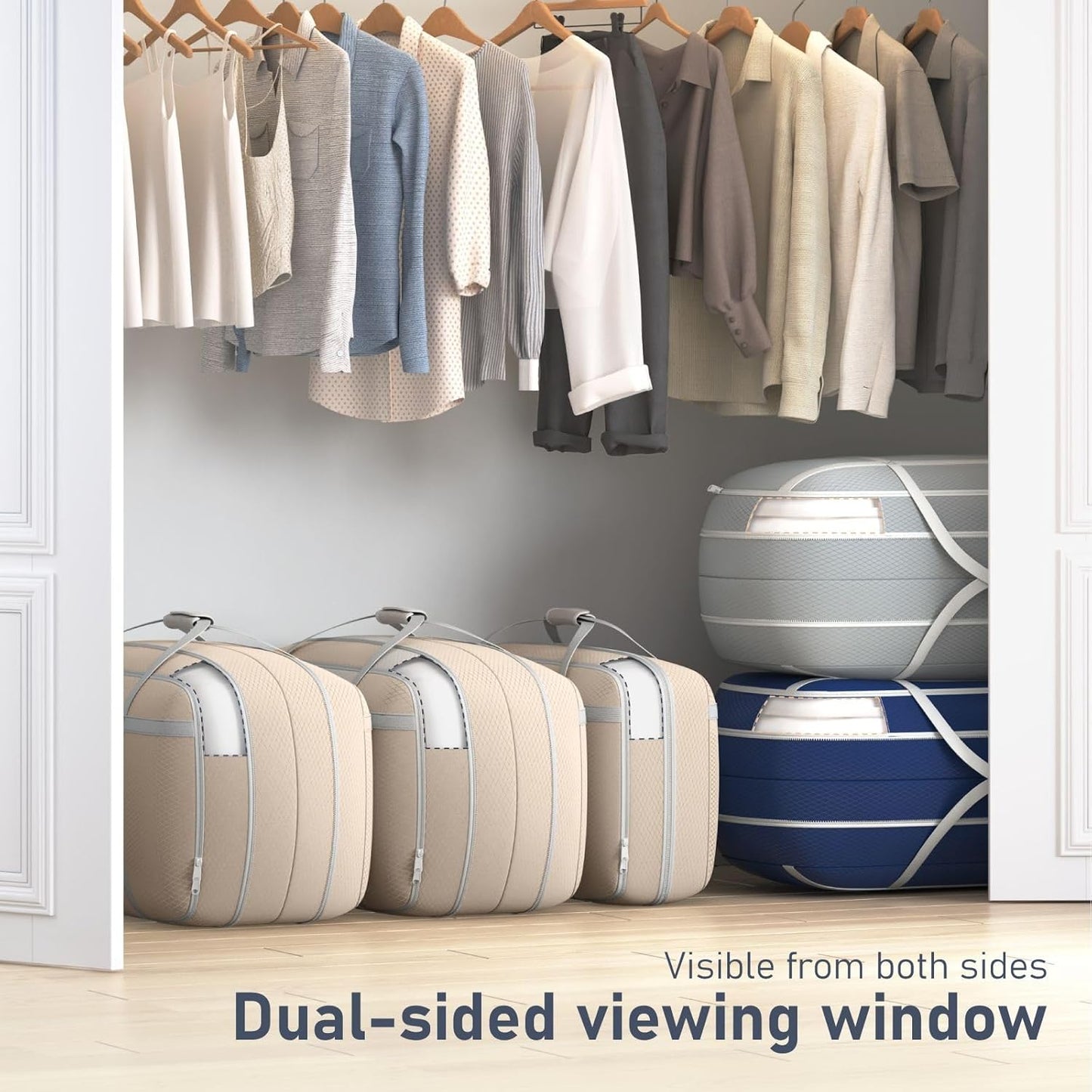 DIMJ Compression Moving Bags - Extra Large Heavy Duty Comforter Storage Bag with Window, Packing Totes With Strong Handles & Zipper, Space Saving Box Containers For Blanket, Clothes, Bedding, 4 Pack