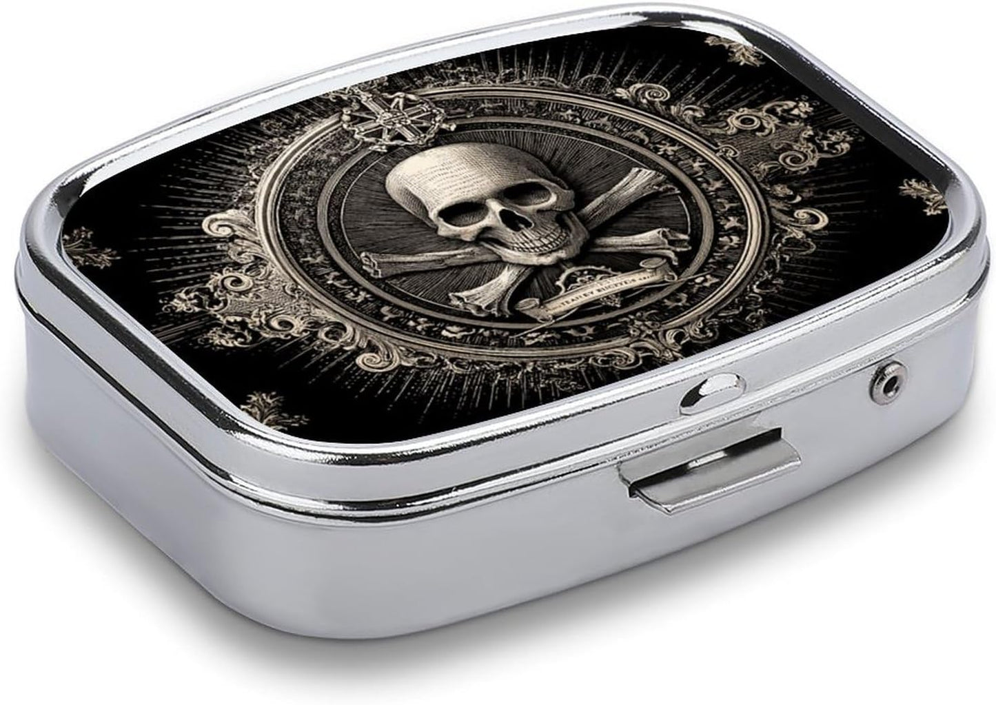 Metal 2 Compartment Pill Organizer Travel Friendly Portable Compact Pill Box Cute Pill Case,for Pocket Wallets Daily Portable Medicine Vitamin Tablet Storage (Skull)