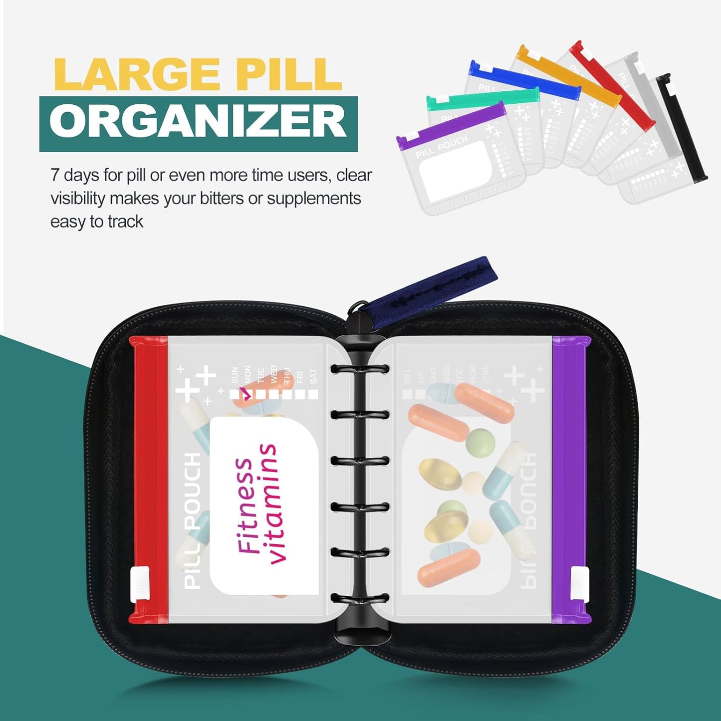 A7-L Timueetech Water-Proof Pill Pouch Set, BPA Free, A7-L Pill Loose-Leaf Storage with Color-Coded Medicine Pouches, Large Reusable Travel Medicine Organizer， Zippered Pill Organizers Weekly