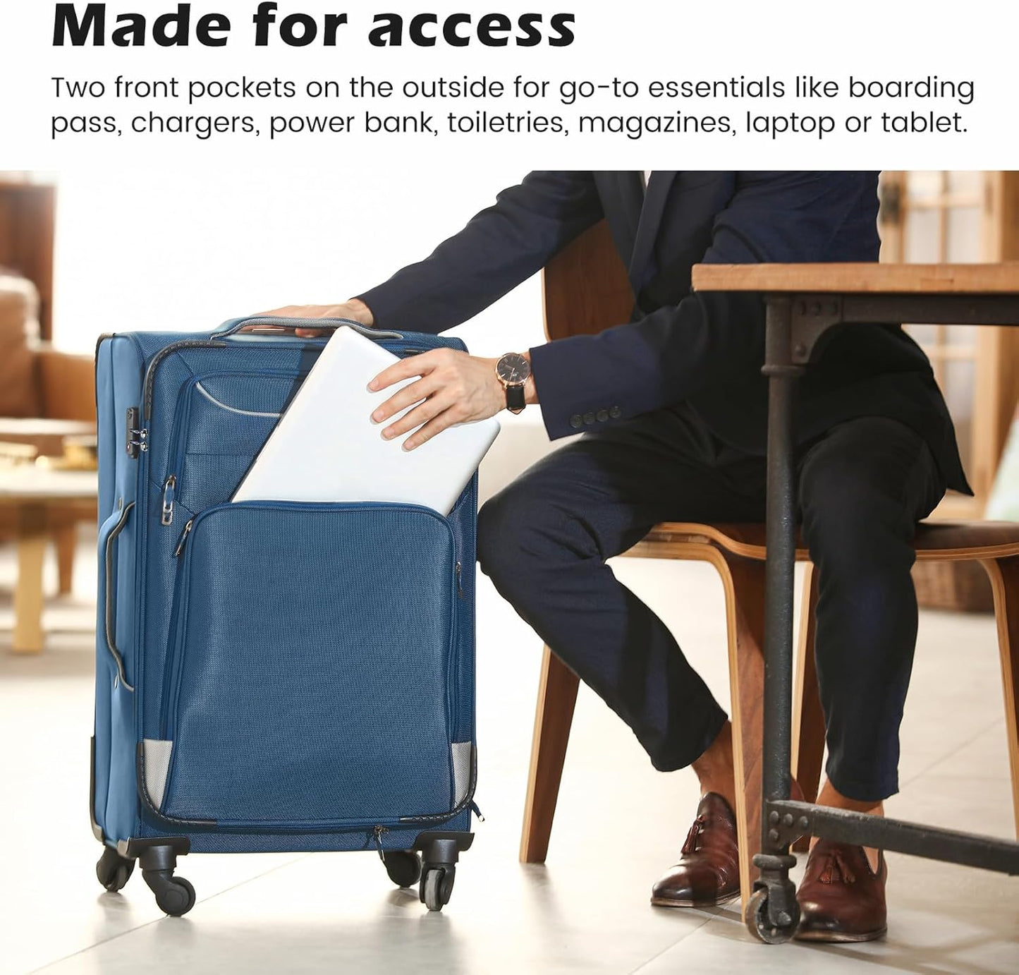 Coolife Luggage 4 Piece Set Suitcase TSA Lock Spinner Softshell lightweight(black+blue)