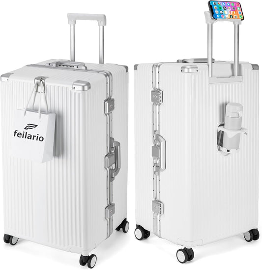 feilario 30in Super Large Captain Aluminum Frame Hardside Spinner Wheels Luggage, Removable Wheels Zipperless Checked Suitcase with Cup Holder/Phone Holder