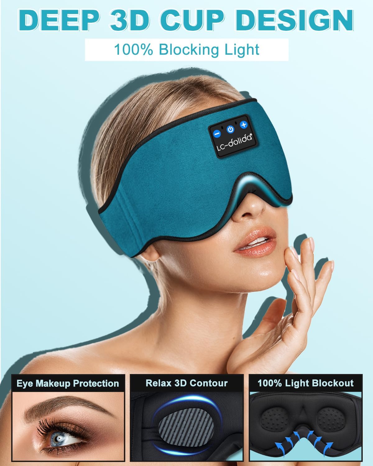 Sleep Mask with Bluetooth Headphones,LC-dolida Sleep Headphones Bluetooth Sleep Mask 3D Sleeping Headphones for Side Sleepers Best Gift and Travel Essential (Blue)