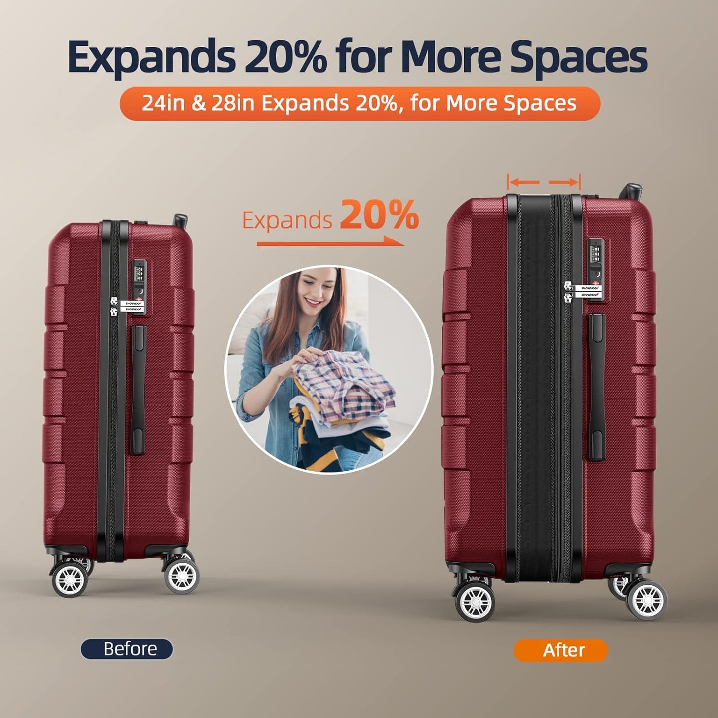 SHOWKOO Luggage Sets Expandable PC+ABS Durable Suitcase Double Wheels TSA Lock 5pcs Wine Red