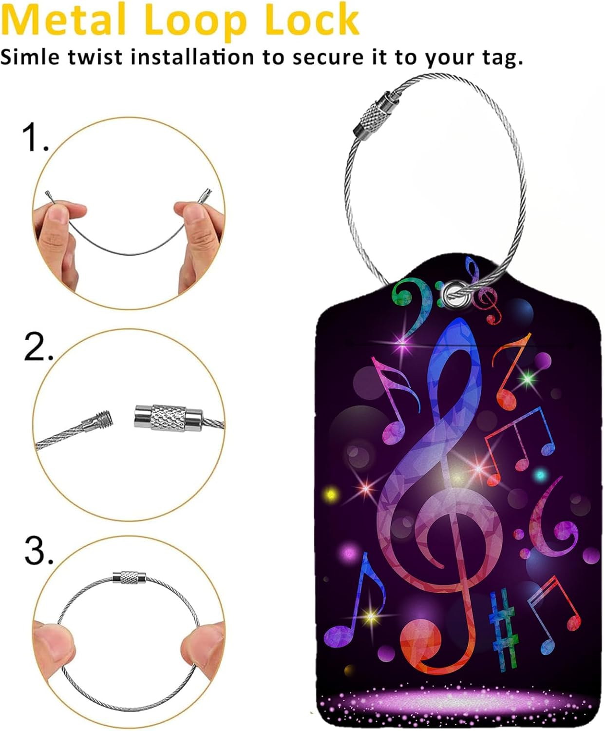 Colorful Musical Notes Luggage Tags for Suitcases,2 Pack Luggage Tag, Leather Stainless Steel Loop Label Tag for Women Girl Travel Bag Suitcase