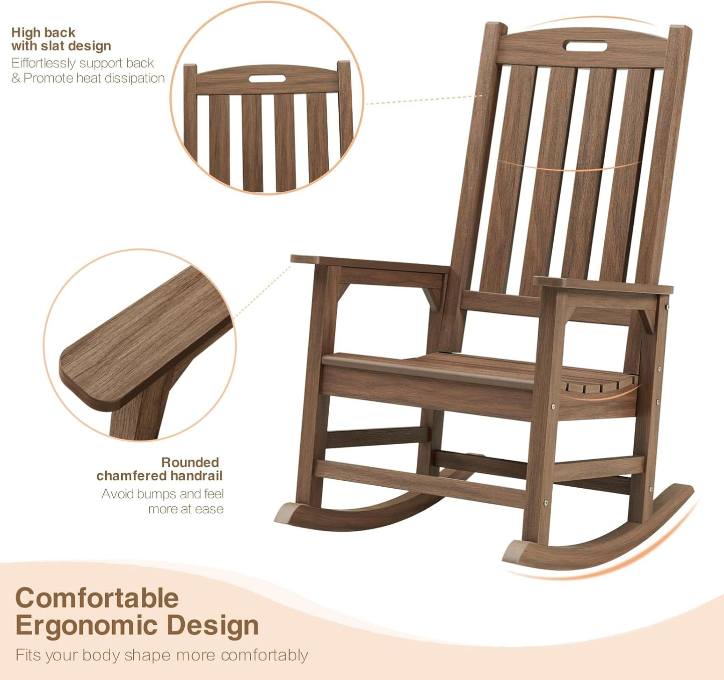 Psilvam Outdoor Rocking Chair, Poly Lumber Oversized Rocking Chair with 21" Wide Seat and 32" Tall Backrest, Pre-Assembled with Most Components for Effortless Installation(Bright Brown)