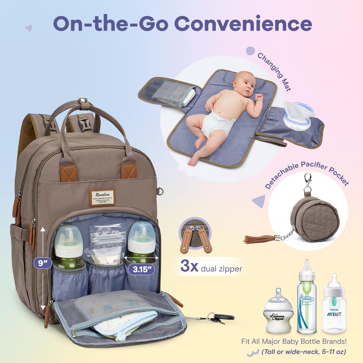 RUVALINO Diaper Bag Backpack, Multifunction Travel Pack Maternity Baby Changing Bags, Large Capacity, Waterproof, Khaki