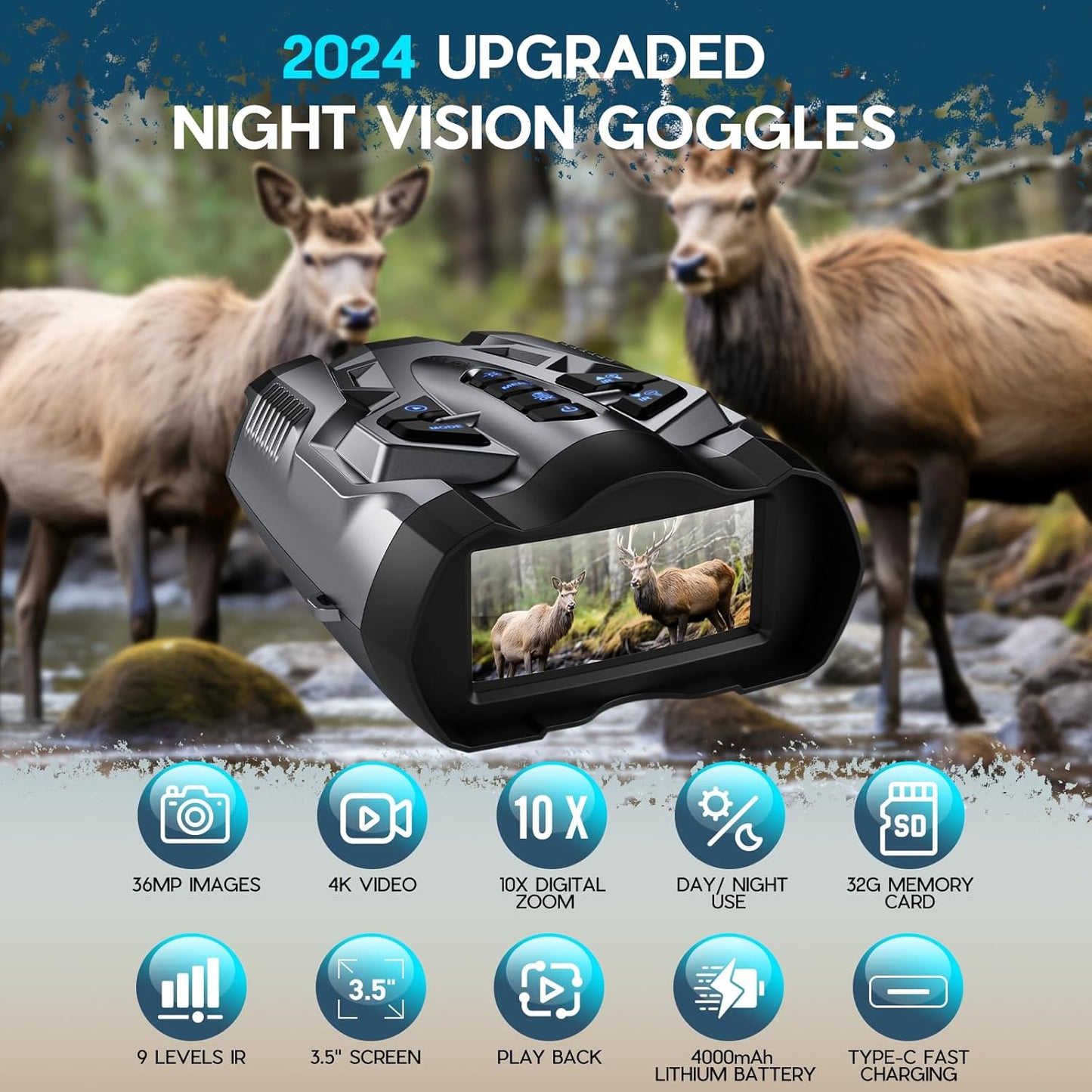 4K Night Vision Goggles for Adults,10X Zoom Night Vision Binoculars with 1000FT Infrared Range,4000mAh Rechargeable Battery,3.5" Screen,Include 32GB Card,Gift for Mens and Outdoor Enthusiasts