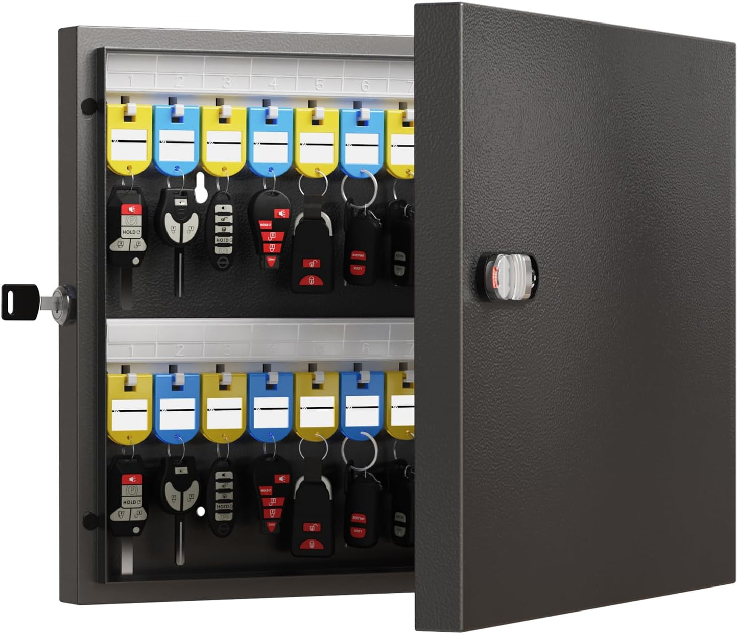 WeHere 48 Key Lock Box with Dual Lock, Combination & Key Unlock, Key Cabinet Wall Mount with Tag Label, Key Holder Storage Lockbox for Store, Office, Company, House, App Key Directory ERP