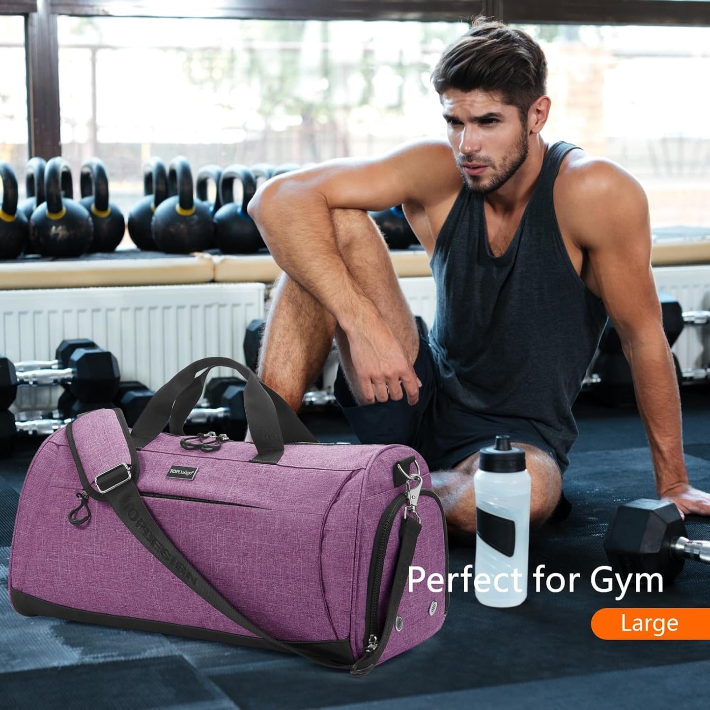 TOPDesign Gym Bag for Women & Men, Unisex Duffel Bag with Shoe Compartment & Wet Pocket for Travel Sports Gym (L Textured Purple)