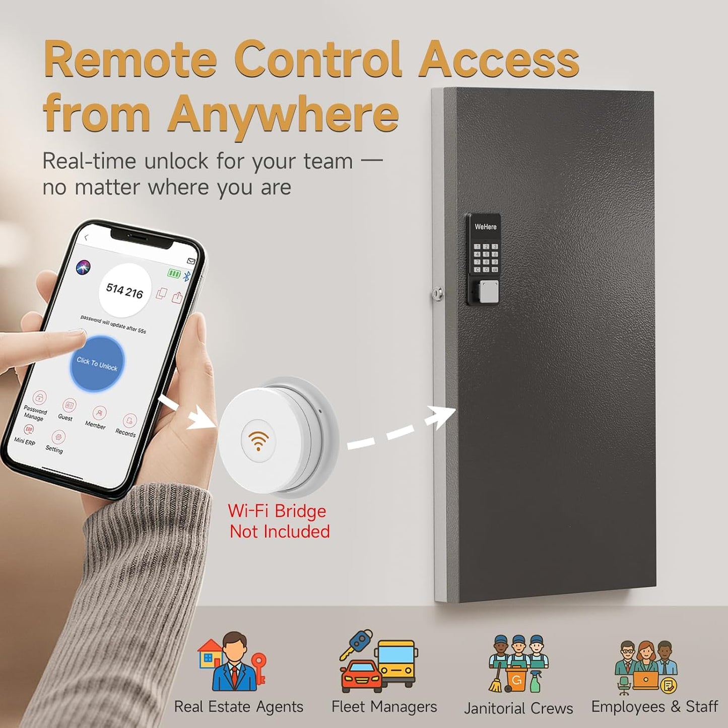 120 Key Lock Box Wall Mount, APP Bluetooth/Wi-Fi, OTP/Fixed Code, Key Unlock, Smart Key Cabinet with Tag, Key Organizer Holder Box for Office, Valet, Realtor, Hotel Key Management