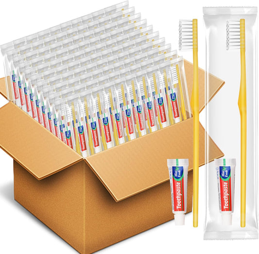 HOFASON Disposable Toothbrushes with Toothpaste Pack of 20, Yellow Hollow Travel Toothbrush Set with 5g Toothpaste Individually Wrapped Toothpaste Bulk for Homeless, Nursing Home, Shelter, Hotel