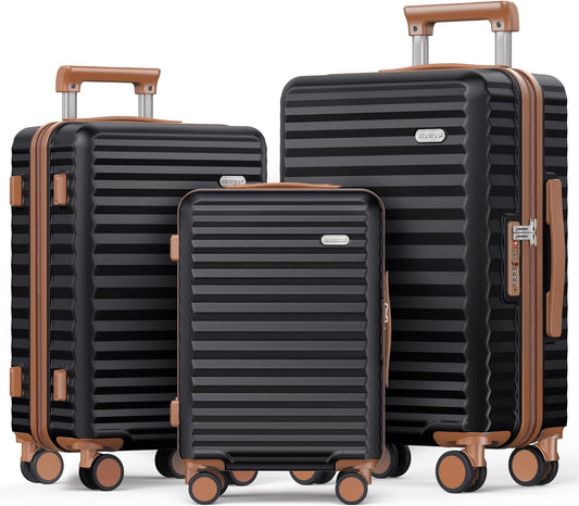 SHOWKOO Luggage Sets 3 Piece Hardside Expandable Suitcase with Double Spinner Wheels Tsa Lock Black (20in/24in/28in)
