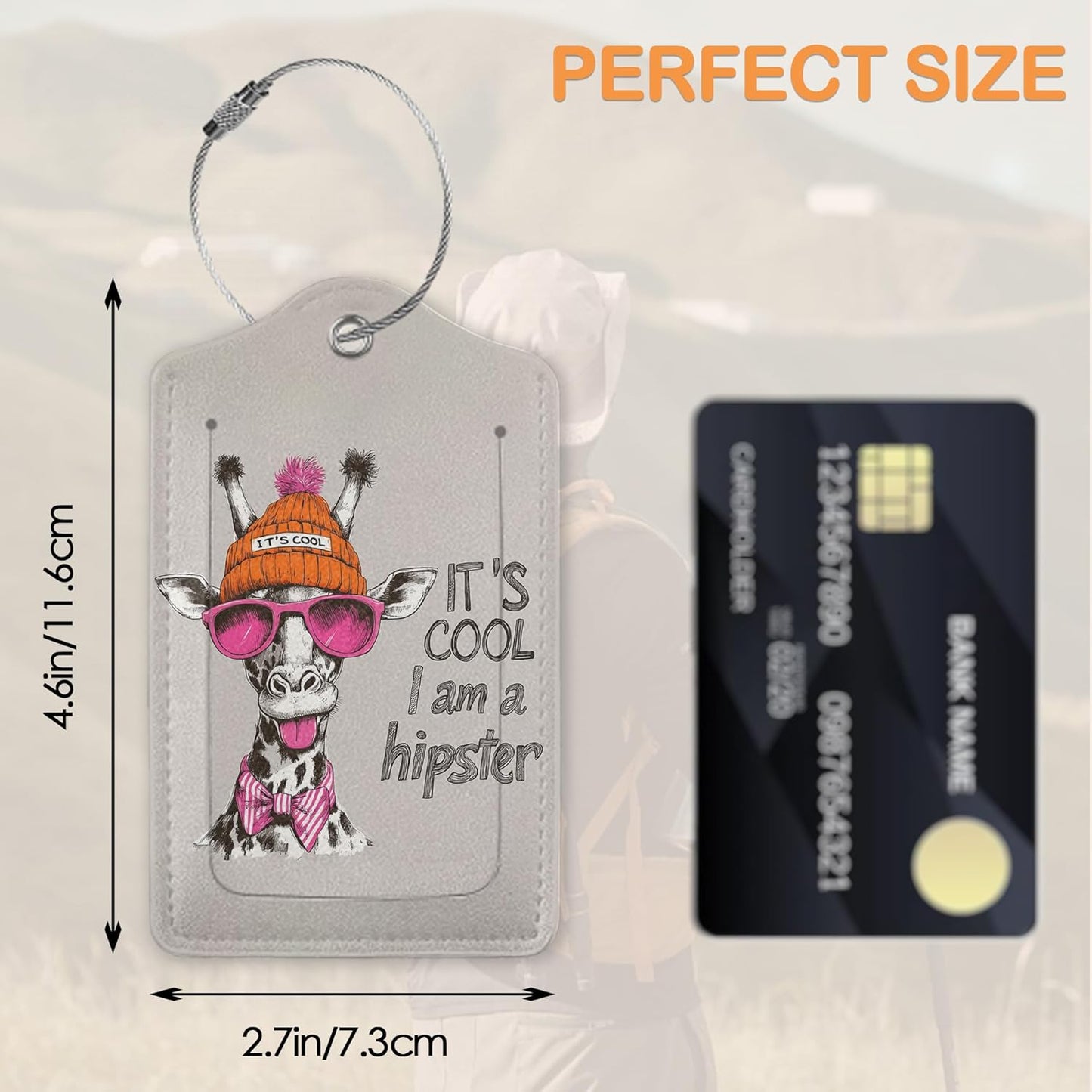 Funny Hipster Giraffe 3 Pack PU Leahter Luggage Tag with Stainless Steel Loop, Cool Cartoon Giraffe Travel Suitcase Labels with Privacy Cover ID Label Quickly Spot for Bags